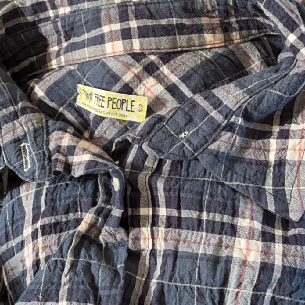 Free People Crinkled Plaid Button-down Shirt in Blue Combo - Size S - Picture 3 of 3